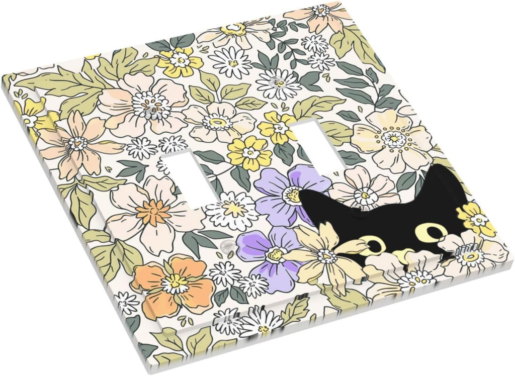 Decorative Light Switch Plate Covers Cute Black Cat in a Flower Patch Botanical Garden 2 Gang Wall Plate Double Toggle Double Light Switch Covers for Bedroom Home Decor （2 Pack）