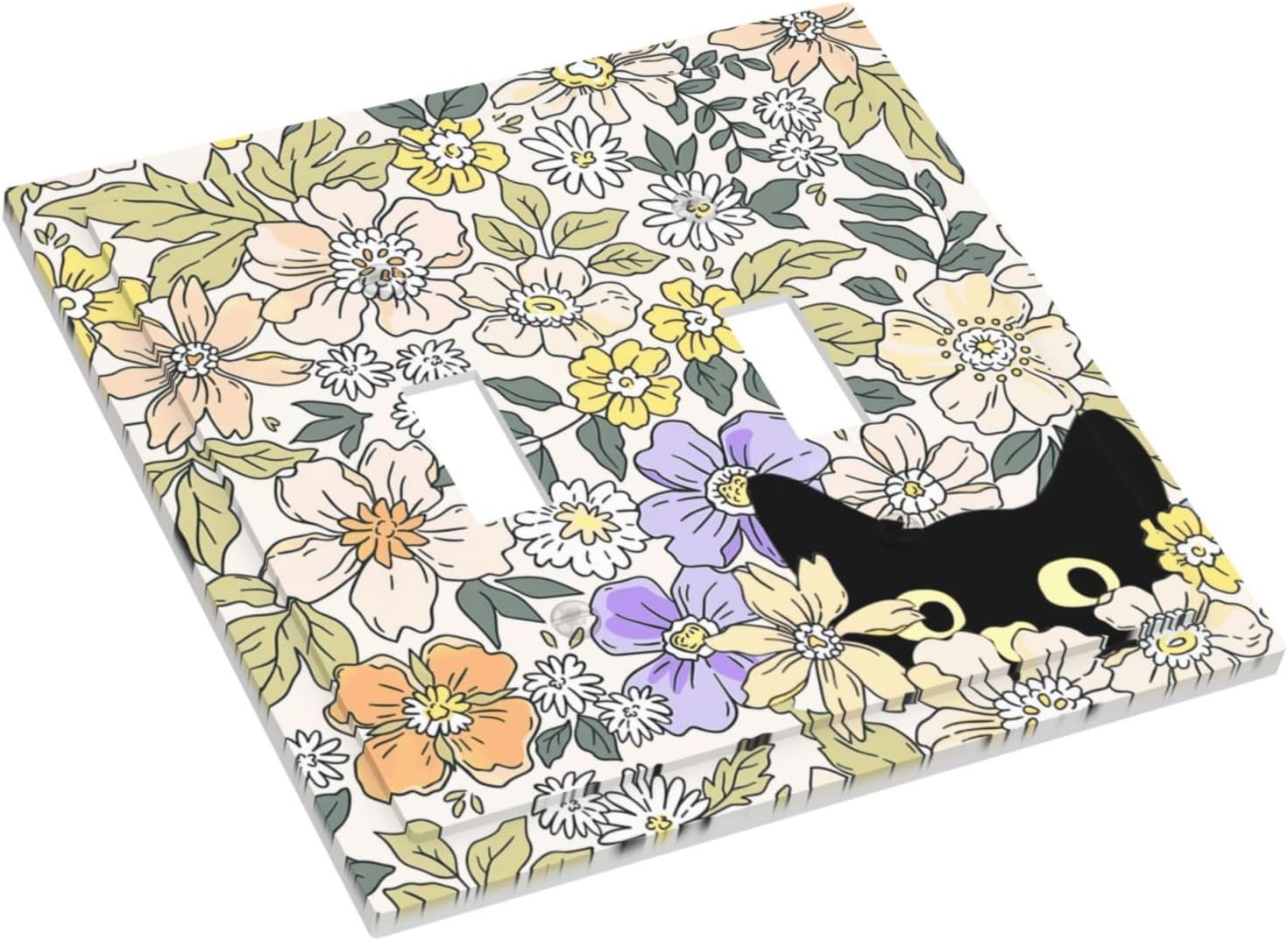 Decorative Light Switch Plate Covers Cute Black Cat in a Flower Patch Botanical Garden 2 Gang Wall Plate Double Toggle Double Light Switch Covers for Bedroom Home Decor （2 Pack）