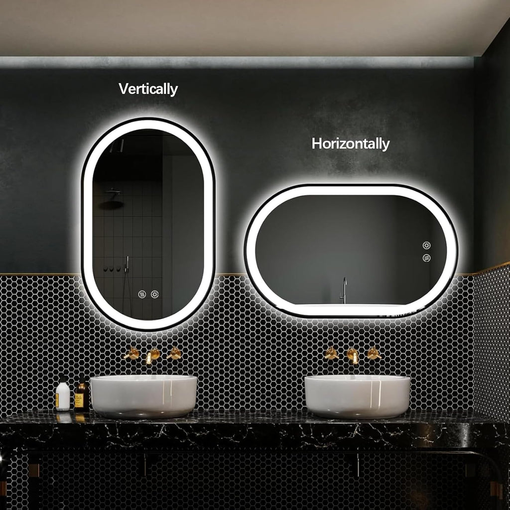 Niccy Oval LED Mirror for Bathroom, 32x20 Front Lit + Backlit Vanity Mirrors with Light Anti-Fog, Shatter-Proof, Makeup Mirror with Black Frame (Horizontal/Vertical)