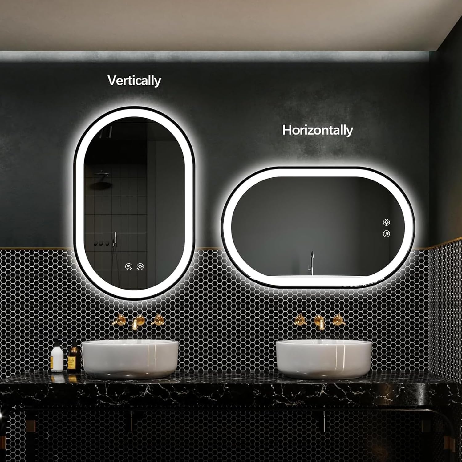 Niccy Oval LED Mirror for Bathroom, 32x20 Front Lit + Backlit Vanity Mirrors with Light Anti-Fog, Shatter-Proof, Makeup Mirror with Black Frame (Horizontal/Vertical)
