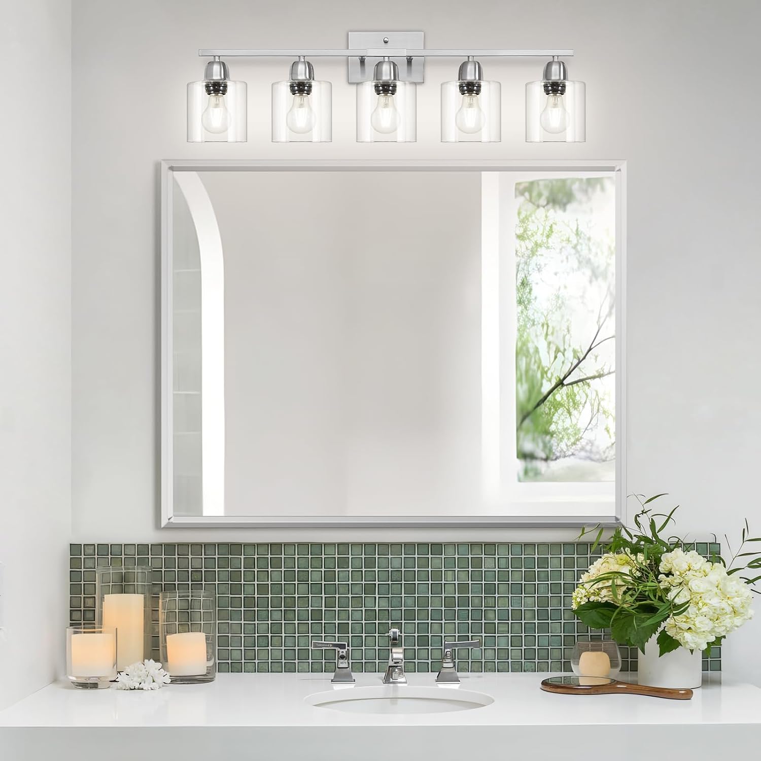 Modern Brushed Nickel 5 Light Bathroom Vanity Light, 31 inch Bathroom Lights Fixtures, Vanity Lights for Mirror Kitchen Living Room Hallway Cabinet Porch
