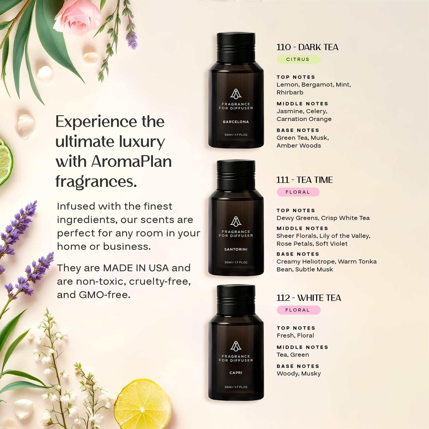 AromaPlan Scent Diffuser Oil Tea Collection- Luxury Fragrance Oil - Home & Hotel Fragrance - Non Toxic for Pet and Children- Made in USA- Gift Ready, 3 Pack/1.7 fl.oz(50 ml Each)