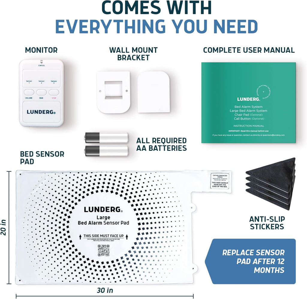Lunderg Large Bed Alarm for Elderly Adults - Wireless Sensor Pad (20” x 30”) & Pager - Safety Bed Alarms and Fall Prevention for Elderly and Dementia Patients - for Patients That Move a lot