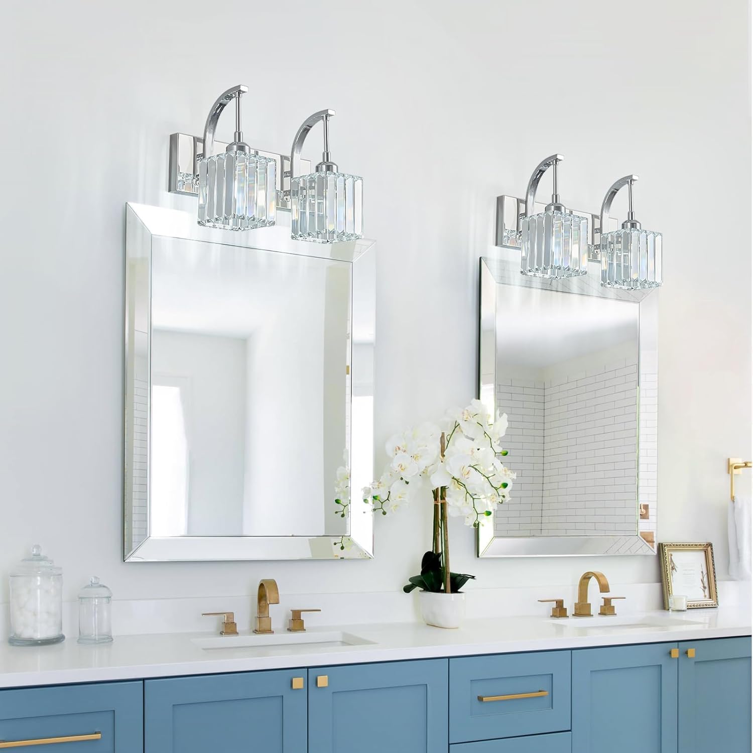 Crystal Vanity Lights 2-Light Chrome Wall Lamp Modern Crystal Bathroom Light Fixtures Over Mirror 13.77" Long Bathroom Wall Sconce