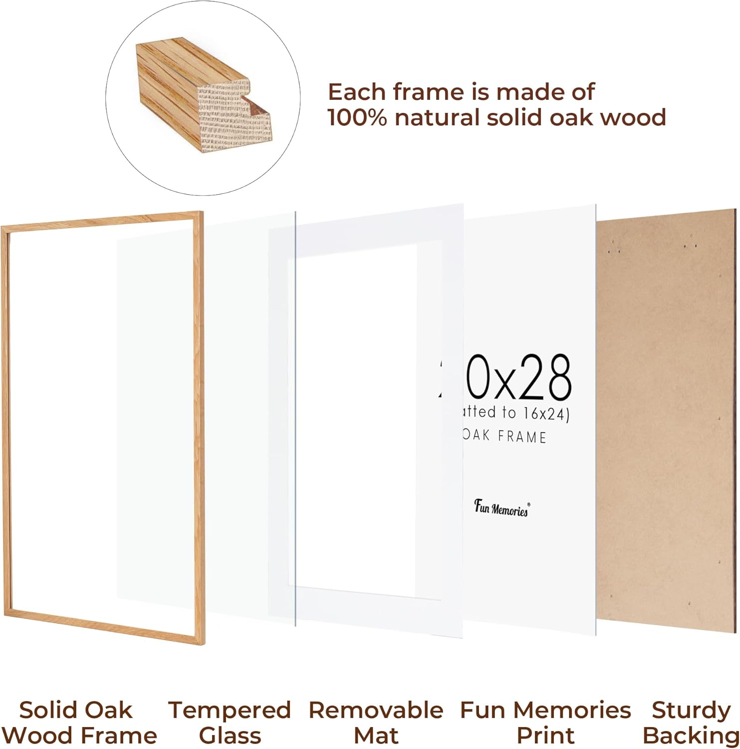 20x28 Oak Wood Picture Frame, 20"x28" Poster Frame for Wall, 20x28 Picture Frame with Mat for 16x24, Solid Oak Wood Photo Frame 20 x 28 with Tempered Real Glass (Natural Oak Color, 1 Pack)