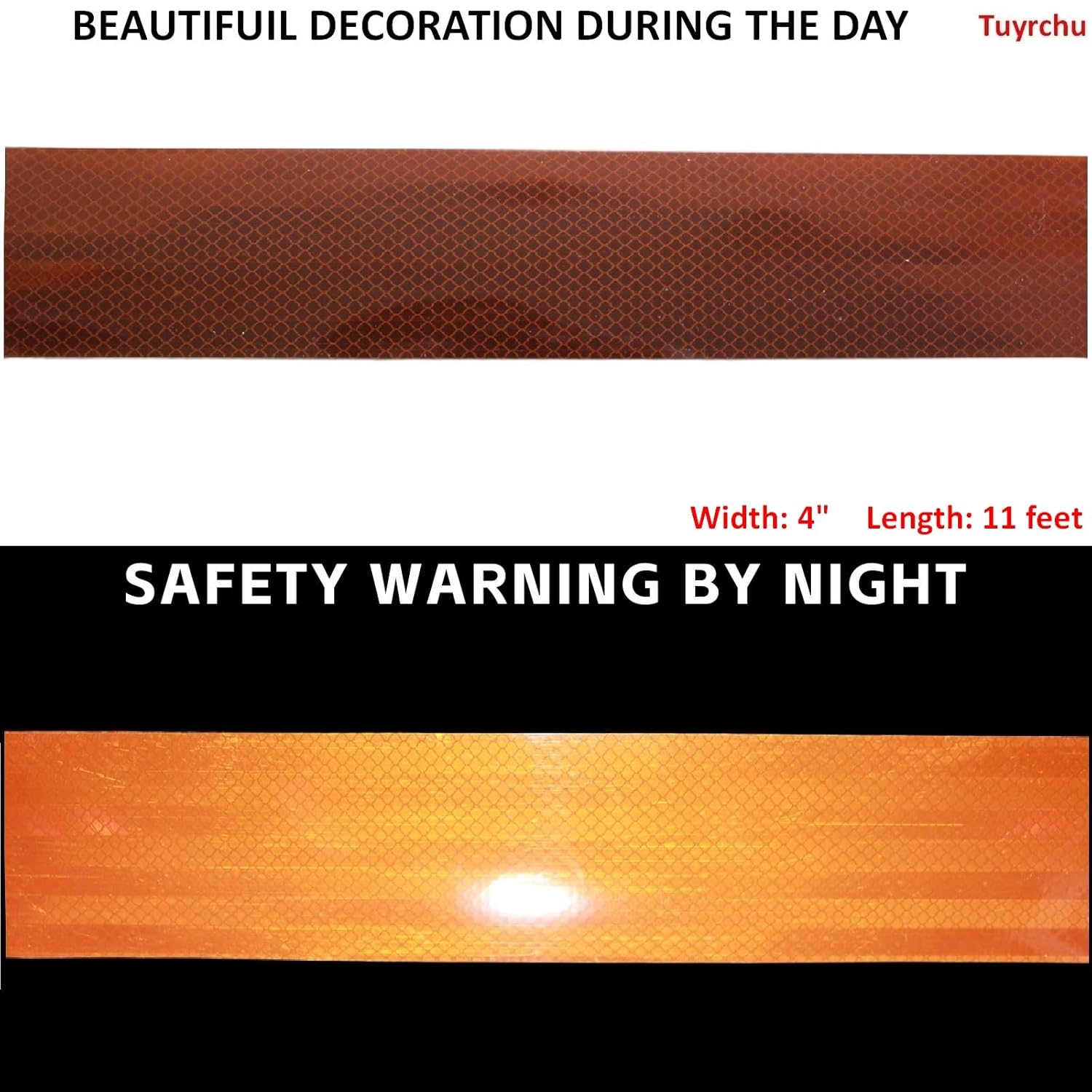 Non Fading Brown Reflective Tape Outdoor Waterproof 4 inch Wide, High Visibility Warning Safety Industrial Marking Tape (11 feet)