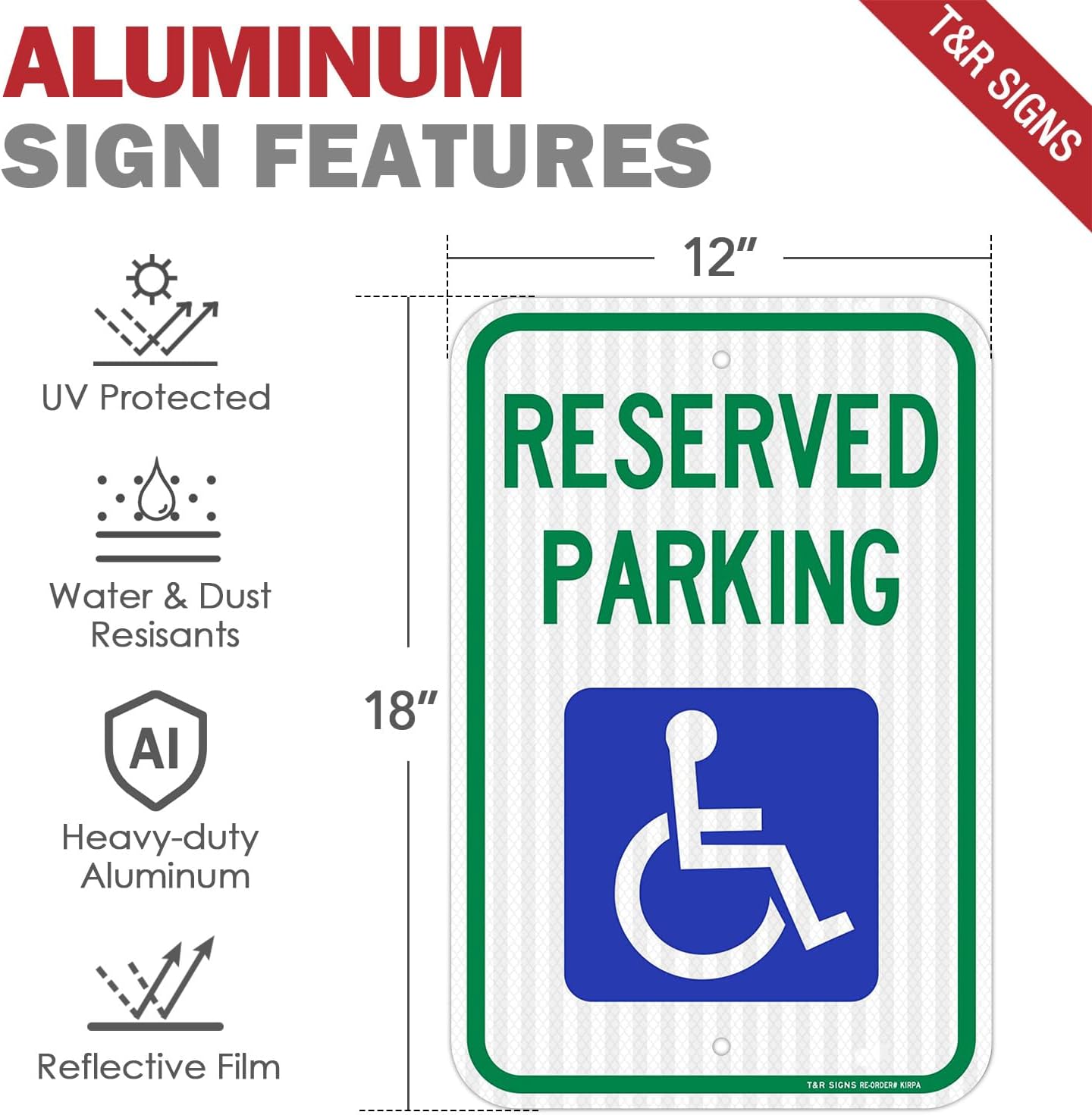 (2 Pack) Handicap Parking Sign, Reserved Parking Sign, Large 18" x 12" Engineer Grade Reflective Sheeting, Rust Free Aluminum, Weather Resistant, Waterproof, Fade Resistant, 2 Pre-drilled Holes