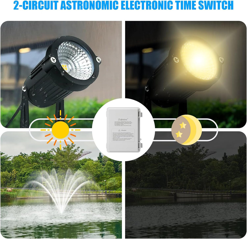 2-Circuit 30Amp Astronomic Electronic Time Switch, Automated Weekly Scheduling, to-The-Minute Programming, Built-in Rechargeable Lithium Battery, IP65 Waterproof, Supports 120-277 VAC