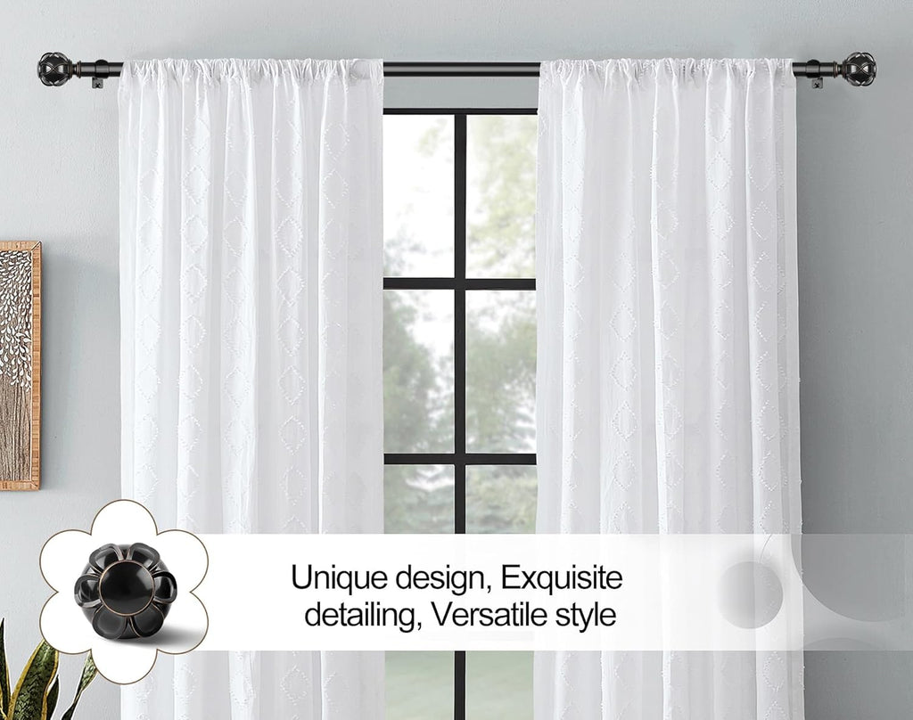 KAMANINA 1 Inch Curtain Rod Telescoping Single Drapery Rod 36 to 72 Inches (3-6 Feet), Black Curtain Rods for Windows 24 to 68 Inches, Netted Texture Finials
