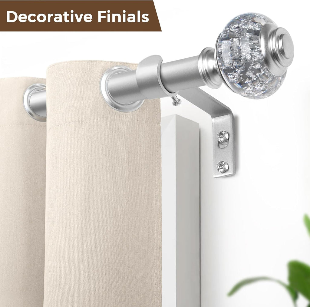1 Inch Curtain Rods 36 to 72 Inches(3 to 6 ft) Telescoping Single Drapery Rod, USFOOK Silver Curtain Rods for Windows 24 to 68 Inches with Translucent Finials