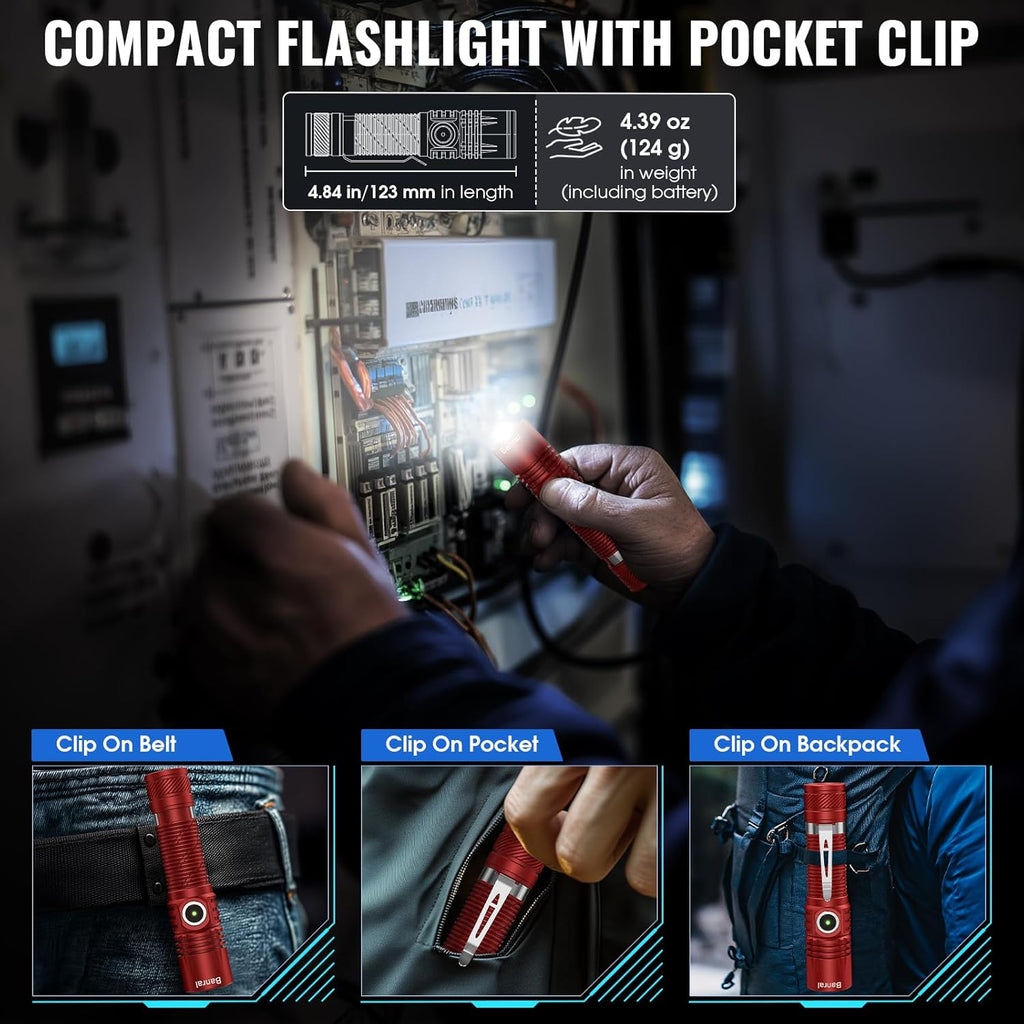 Banral Rechargeable Tactical Flashlights, High Lumens Small Mini USB-C LED Flashlight, Compact EDC Flash Light, 4 Modes&Memory Function, Waterproof Pocket Lights for Home,Camping,Emergency (2, Red)