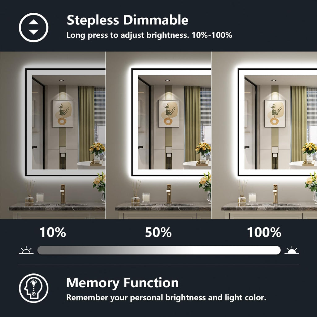 48x32 Inch LED Bathroom Mirror with Lights (Front Lit and Backlit) Black Framed Lighted Vanity Mirror for Bathroom Wall Dimmable Anti-Fog Memory Tempered Glass Horizontal/Vertical