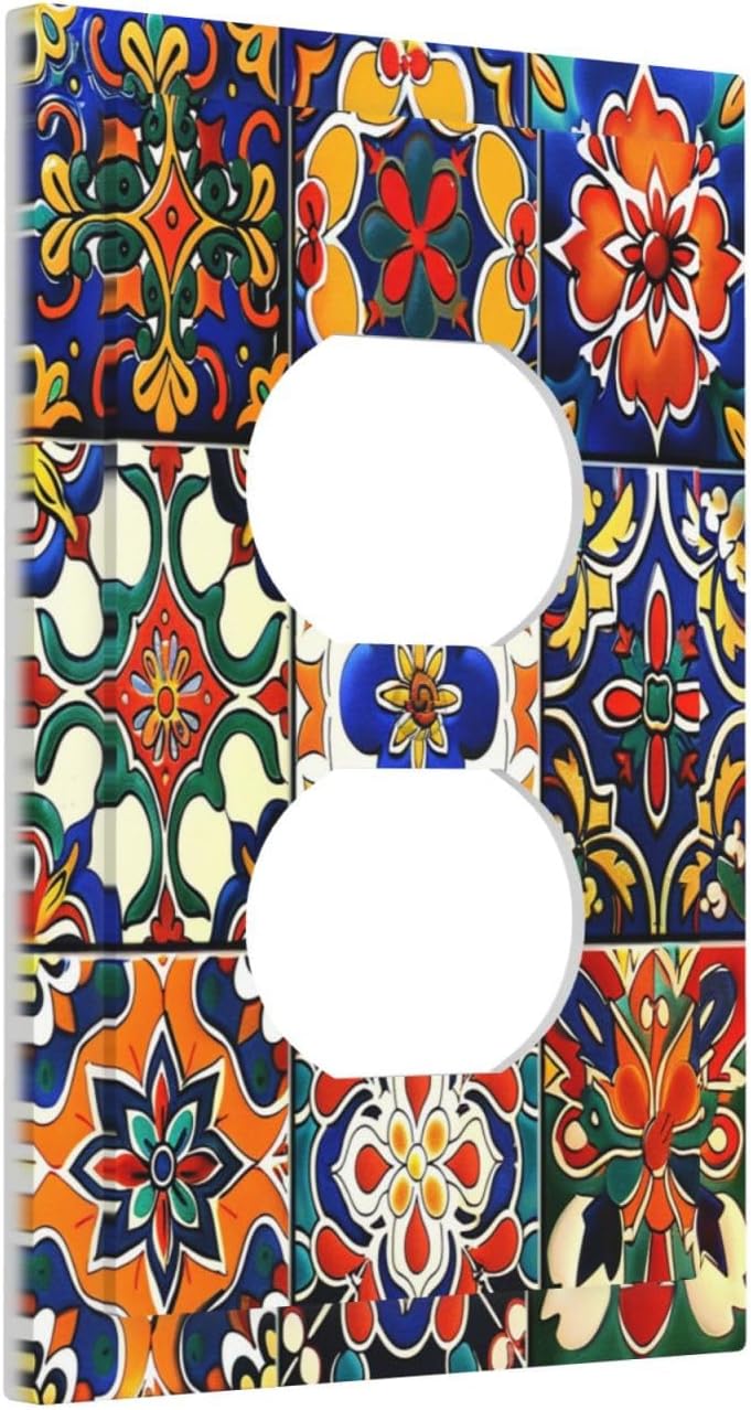 Outlet Covers Colorful Mexican Talavera Vintage Boho Floral 1 Gang Duplex Light Switch Cover Decorative Switch Plates Electrical Receptacle Faceplate Wall Plate for Kitchen Bathroom