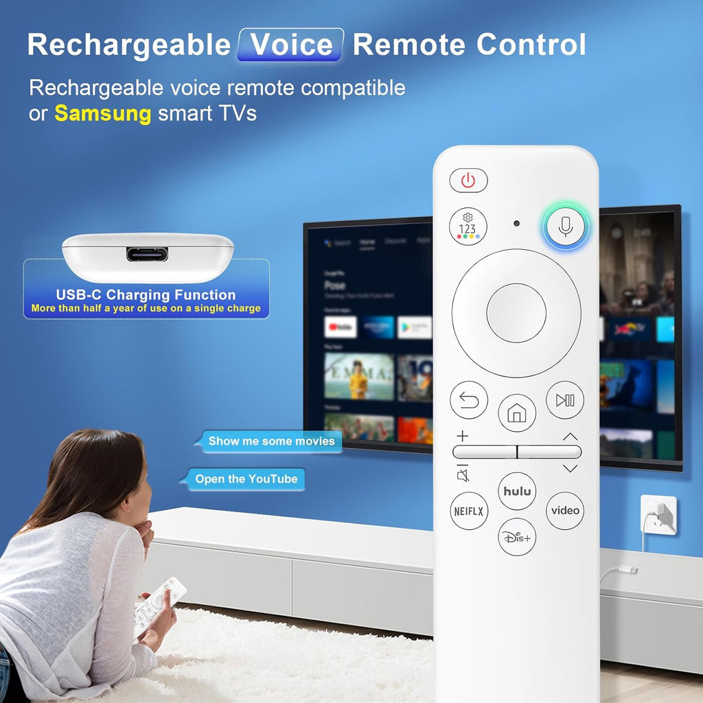 Rechargeable Voice Remote for Samsung Smart TVs, Replacement for 2021–2025 Samsung TV Remote Control with Voice Search. 2-Year Warranty.