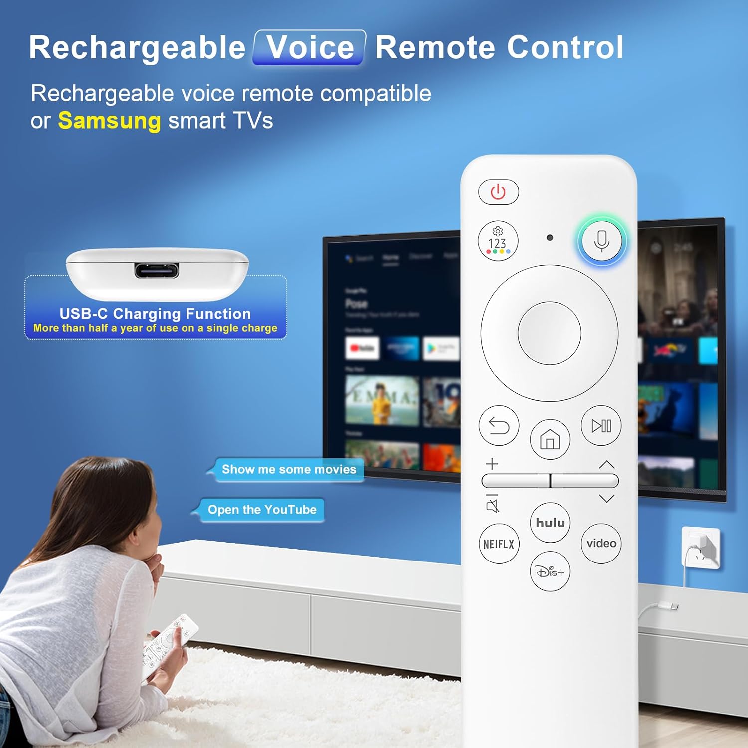 Rechargeable Voice Remote for Samsung Smart TVs, Replacement for 2021–2025 Samsung TV Remote Control with Voice Search. 2-Year Warranty.