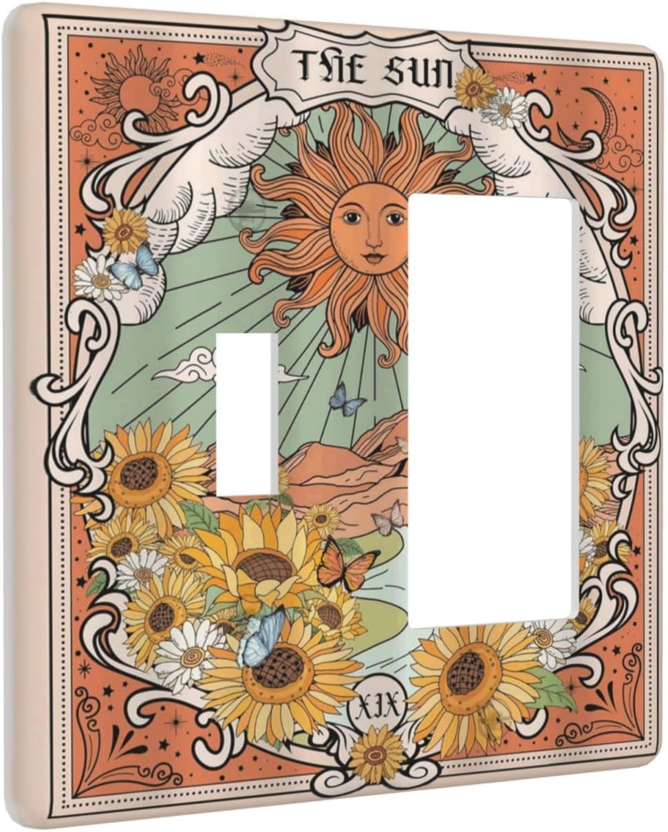 Boho Retro Sun Sunflower Vintage Flower Butterfly Outlet Covers 1 Toggle 1 Rocker Combination Decorative Wall Plate Electrical Switch Plates Light Switch Cover Plate for Farmhouse Home Decor