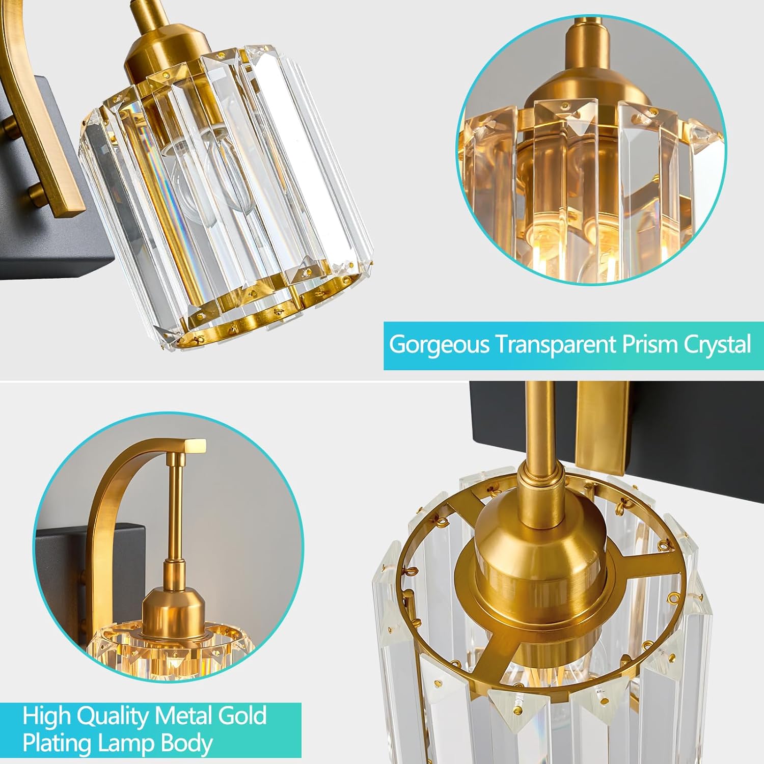 6-Light Crystal Vanity Light, Black Gold Modern Wall Sconce with K9 Crystal Shades, 51.18" Long Over Mirror Lighting for Bathroom, Makeup, Hallway, Elegant & Easy Install