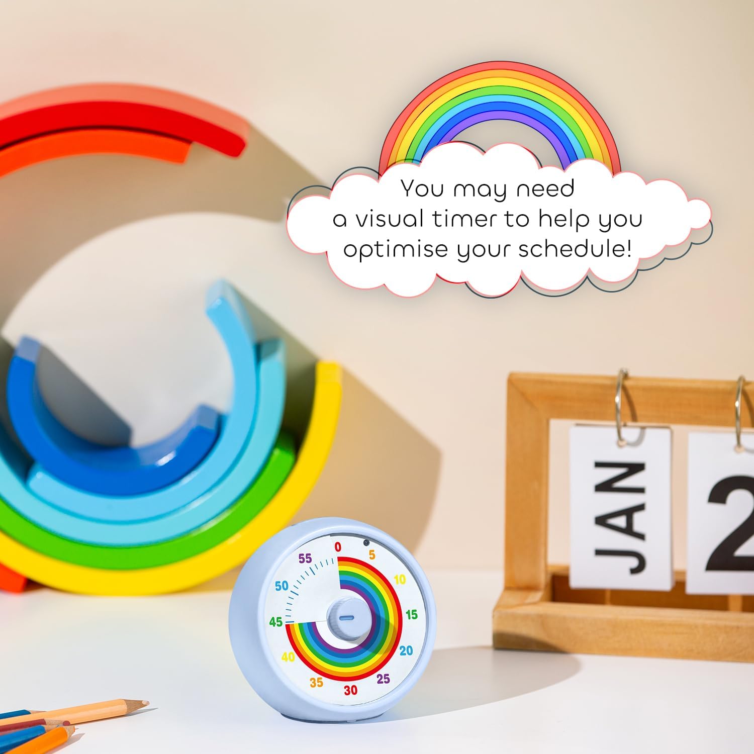 Visual Timer for Kids, 60-Minute Countdown Timer for Classroom Office Kitchen, Desk Timer Kids Time Management Tools with Silent Operation, Pomodoro Time Rainbow Pattern (Aquamarine)