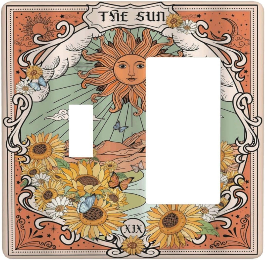 Boho Retro Sun Sunflower Vintage Flower Butterfly Outlet Covers 1 Toggle 1 Rocker Combination Decorative Wall Plate Electrical Switch Plates Light Switch Cover Plate for Farmhouse Home Decor