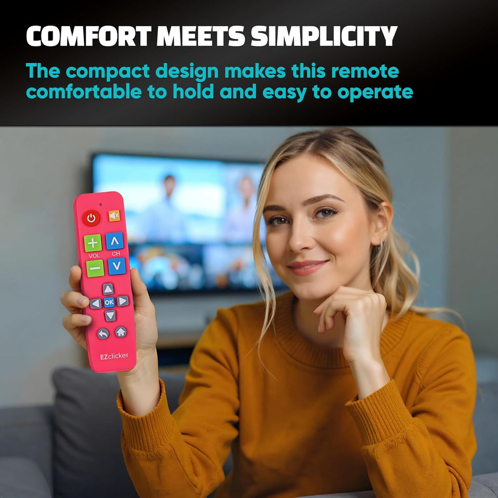 Plus Big Button Universal TV Remote (Pink) Simple Easy to Use, Works with Major TV Brands (2xAAA Batteries Not Included)