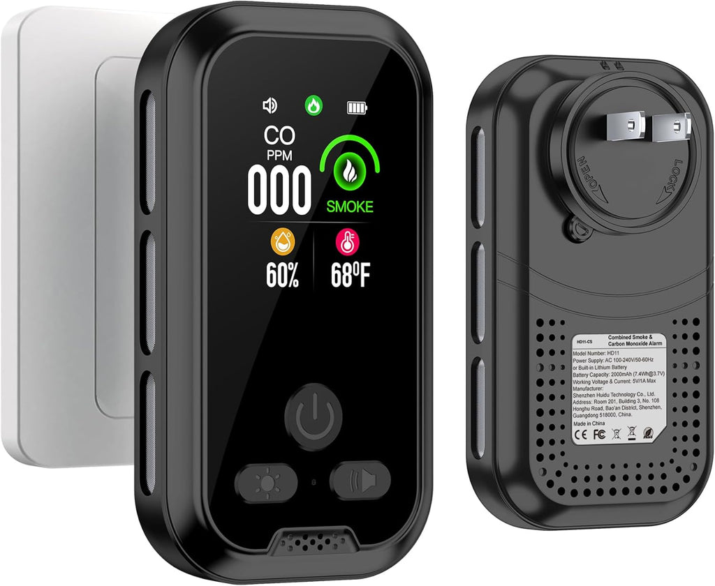 4IN1 Plug in Smoke & Carbon Monoxide Detector Combination Builti-in 2000 mAh Backup Battery HD Screen [Smoke CO Temp Humidity Sensor] Alarm for Home Travel Hotel Indoor (Black)