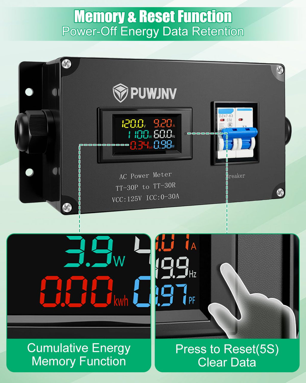 30A AC Power Meter, 125V NEMA TT-30P to NEMA TT-30R Outlet Energy Monitor, LCD Display Digital Multimeter Tester, Voltage Current Power Frequency Meter with Overload Protection