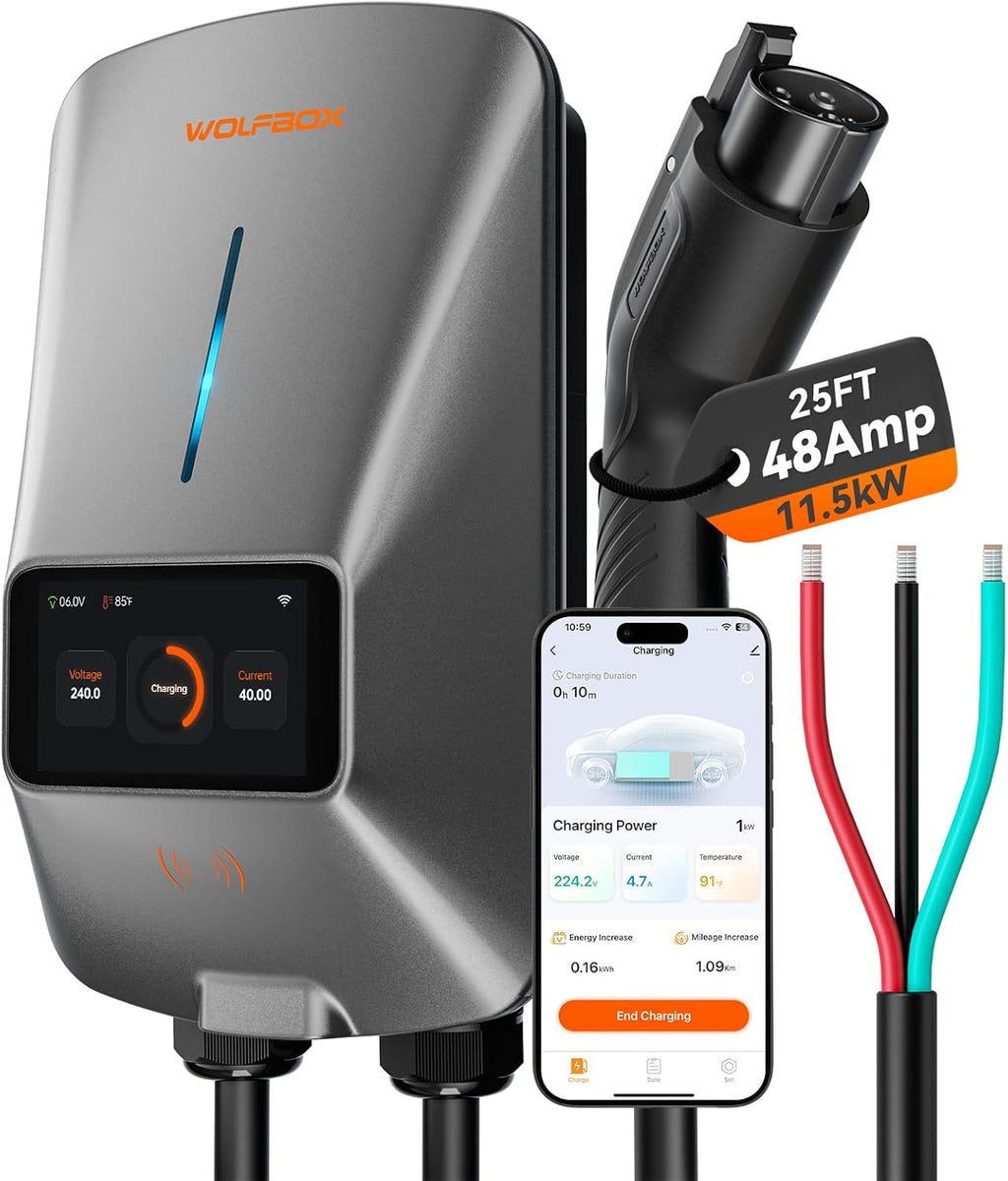 WOLFBOX Level 2 EV Charger 48 Amp - Smart Display, RFID Card, 25ft Cable, Outdoor/Indoor, Hardwired EV Charger Level 2, WiFi Enabled Electric Car Chargeing, 240V Electric Vehicle Charging Stations