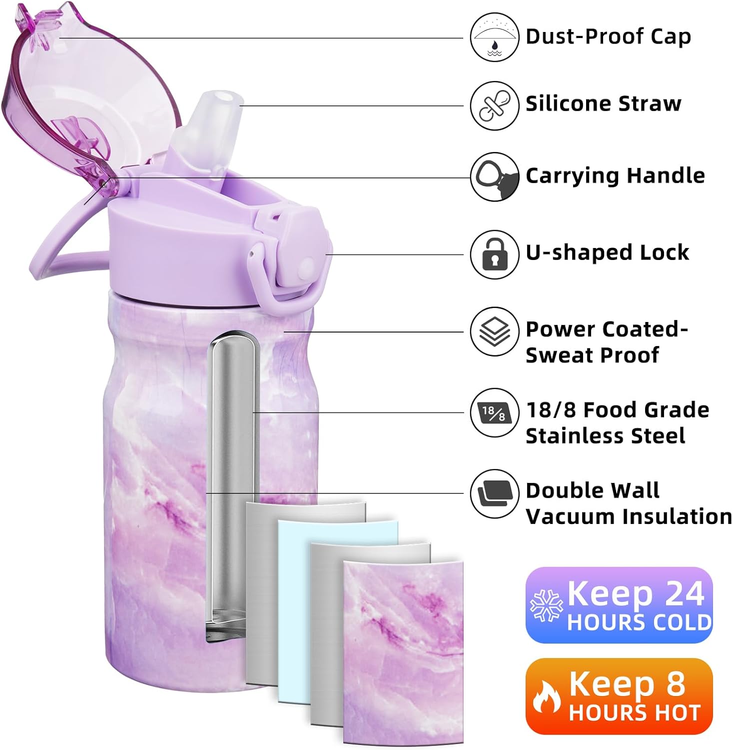 BJPKPK Stainless Steel Insulated Water Bottle with Straw Lid 14oz Reusable Metal Thermal Flask Bottles Keep Cold and Hot,Dawn