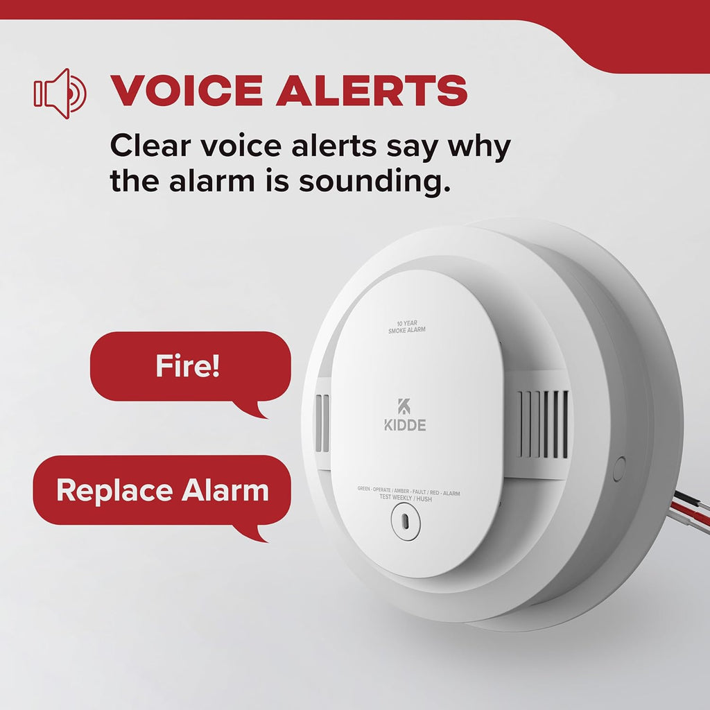 Kidde Hardwired Smoke Detector, 10-Year Battery Backup, Voice Alerts, Interconnectable, LED Warning Light Indicators, 20SA10-V