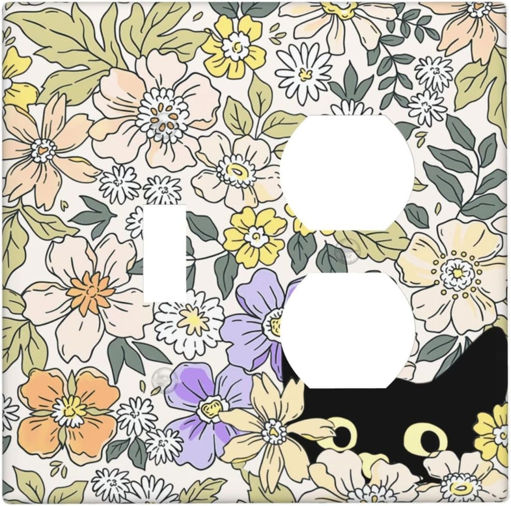 Decorative Outlet Covers Cute Black Cat in a Flower Patch Botanical Garden 2 Gang Wall Plate Single Toggle Duplex Combo Light Switch Covers Switch Plate Cover for Bedroom Home Decor