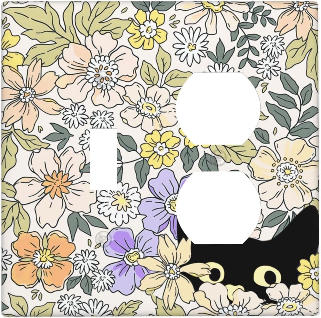 Decorative Outlet Covers Cute Black Cat in a Flower Patch Botanical Garden 2 Gang Wall Plate Single Toggle Duplex Combo Light Switch Covers Switch Plate Cover for Bedroom Home Decor