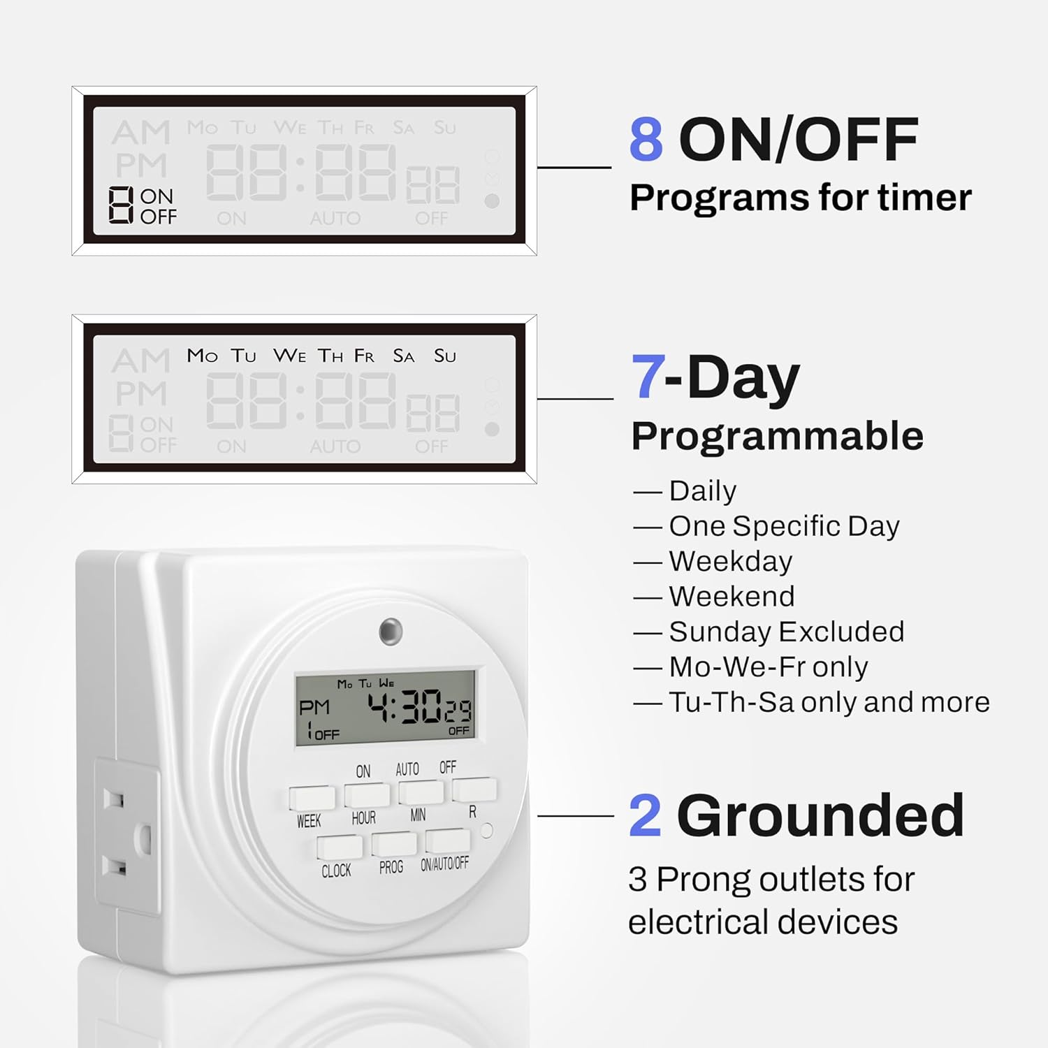 BN-LINK Indoor Digital Timer Outlet, Dual Outlet 7 Day Programmable Light Switch, 3 Prong Plug in Timers for Electrical Outlets, Lamps, Fans, 8 On/Off Programs, 2 Pack, 15A/1875W, ETL Listed
