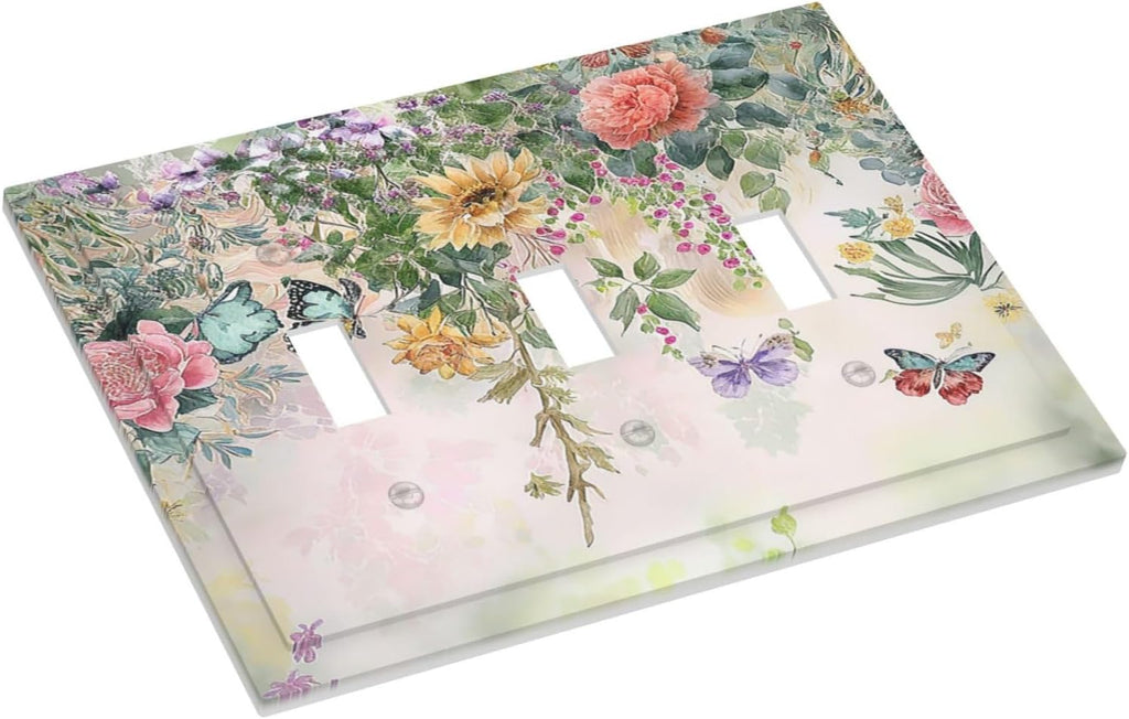 Light Switch Covers Rustic Floral Watercolor Flower Blossom Butterfly 3 Gang Wall Plates Triple Toggle Outlet Cover Decorative Switchplates Electrical Panel Cover for Kitchen Living Room 4.8 X 6.7 IN