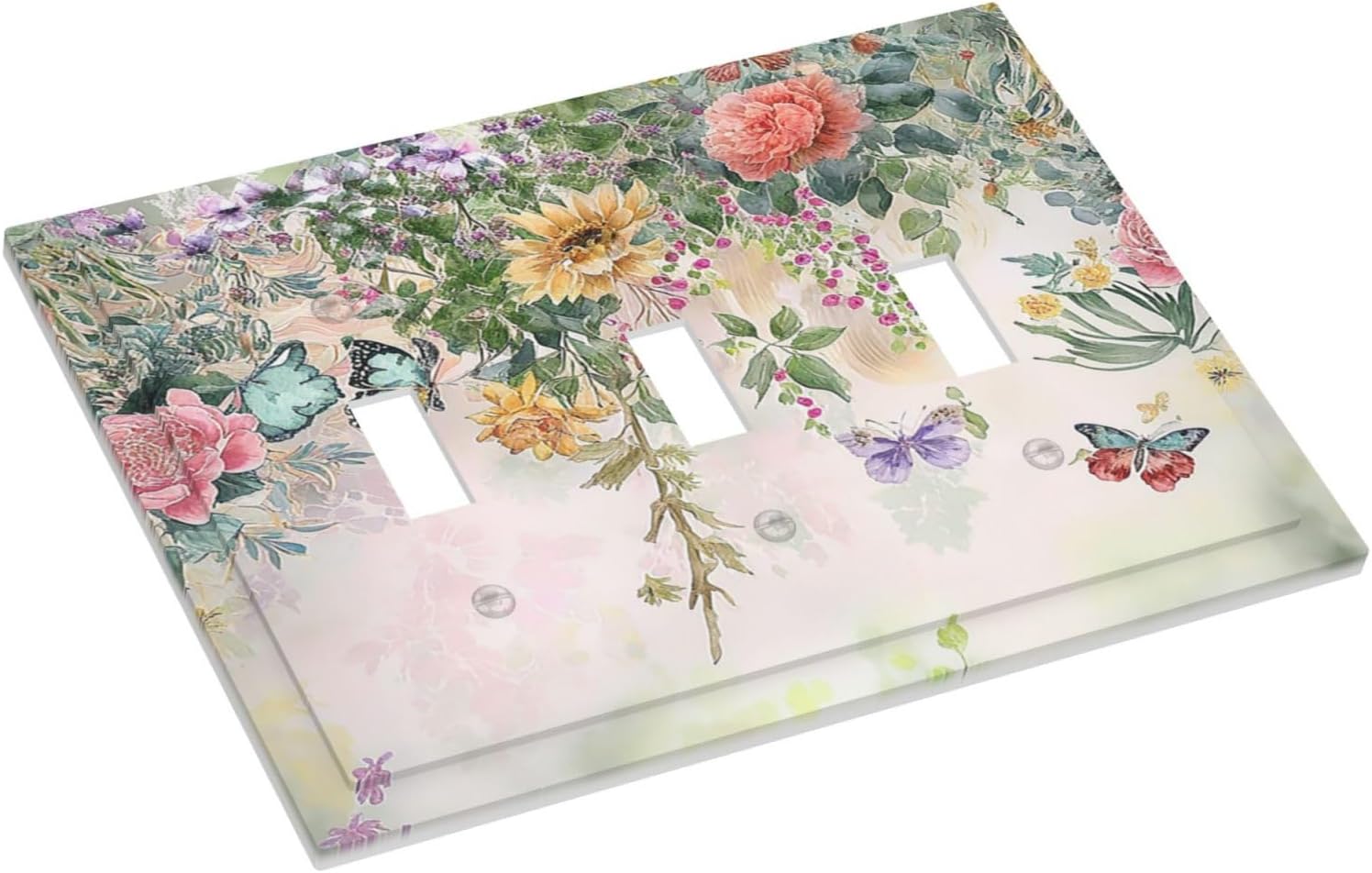 Light Switch Covers Rustic Floral Watercolor Flower Blossom Butterfly 3 Gang Wall Plates Triple Toggle Outlet Cover Decorative Switchplates Electrical Panel Cover for Kitchen Living Room 4.8 X 6.7 IN