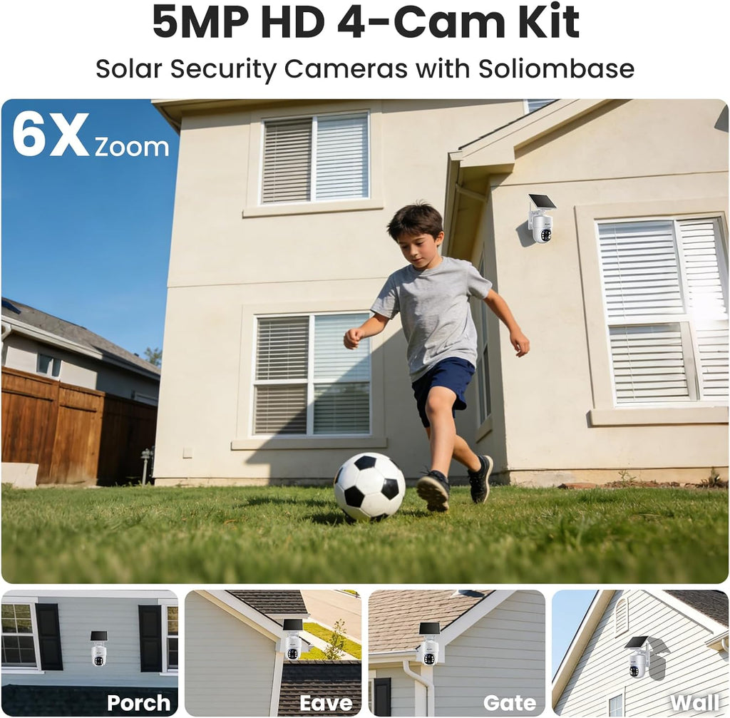 SOLIOM- 5MP Security Cameras Wireless Outdoor, No Subscription,4-Cam Pack, Solar Powered Home Security Camera with 360° Auto Tracking, Pan & Tilt, 3K Color Night Vision,5G & 2.4G Router Compatible