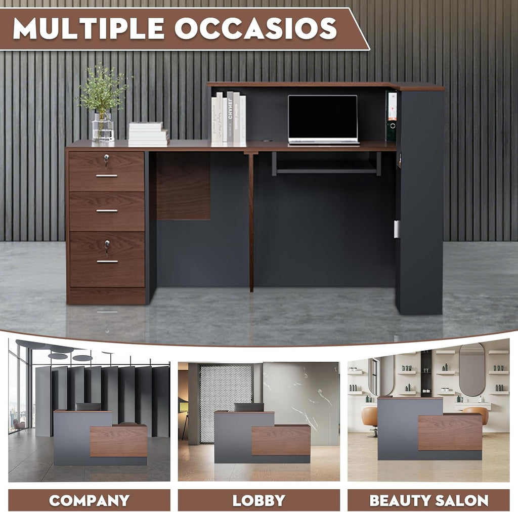 L-Shaped Modern Reception Desk with Counter & Storage - 71" Large Office Front Desk, Salon Checkout Counter with Lockable Cabinets, Shelves(Brown & Black, Left - 71''L x 34''W x 41''H)