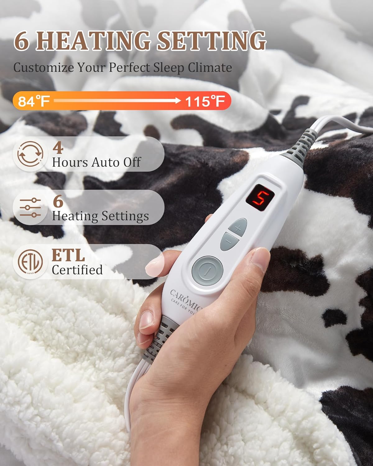 CAROMIO Heated Electric Blanket Throw, Cow Print Fast Heating Throw Blankets with LCD Controller, 6 Heat Levels & 4 Hour Auto Shut Off, ETL Certified, Machine Washable, Cow-Brown, 50" x 60"