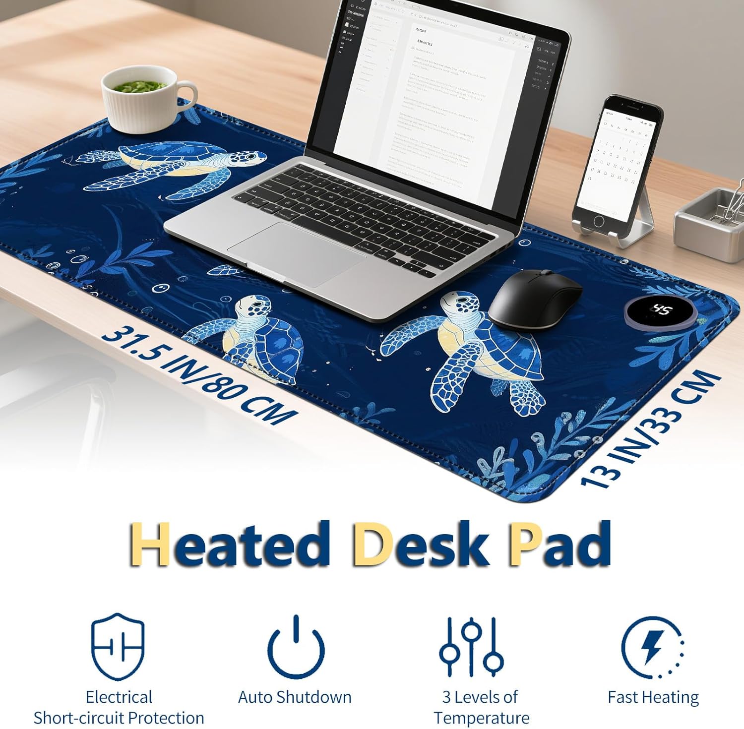 Heated Mouse Pad with 3 Temperature Settings(104°F–122°F),Large 31.5x13 Inch PU Leather Heated Desk Mat,Waterproof Warming Pad for Office,Gaming & Cold Hands Relief,Blue Sea Turtle
