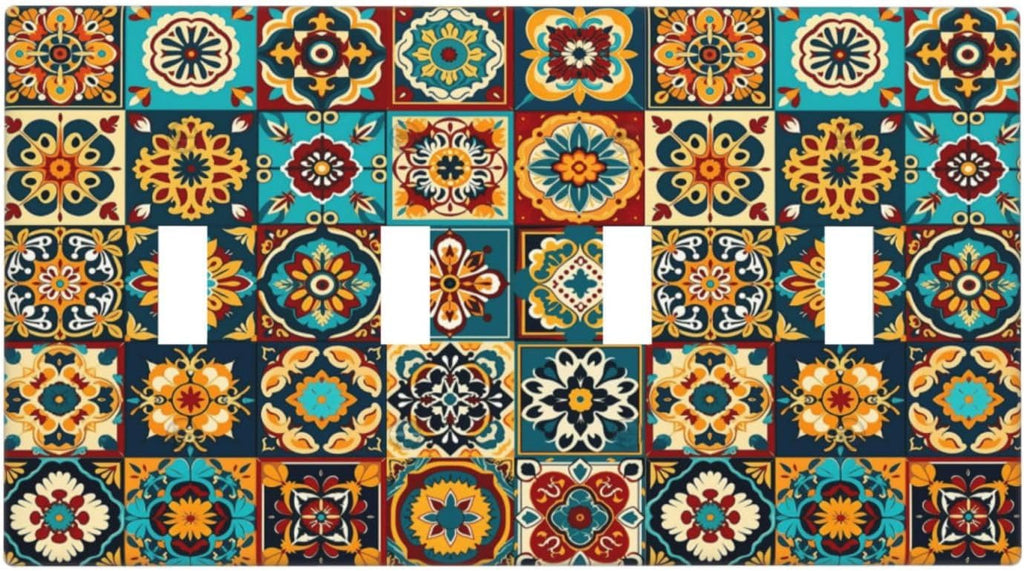 Mexican Talavera Ceramic Tile Moroccan Boho Light Switch Covers Quad Toggle Electrical Faceplate 4 Gang Wall Plate Decorative Switch Plates for Bathroom Kitchen Decor