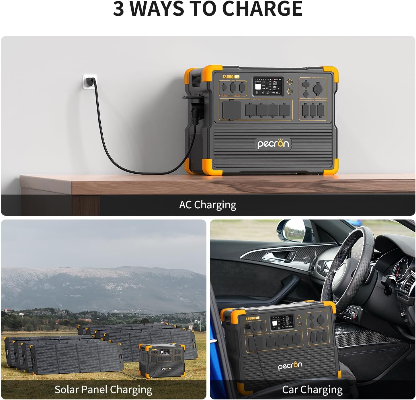 pecron Solar Generator E3600LFP 3072Wh with 2x300W Solar Panels, 5x3600W AC Outlets Portable Power Station, LiFePO4 Battery Backup Expanded to 15.36KWh, Power Station for Home Use, RV, Camping, CPAP