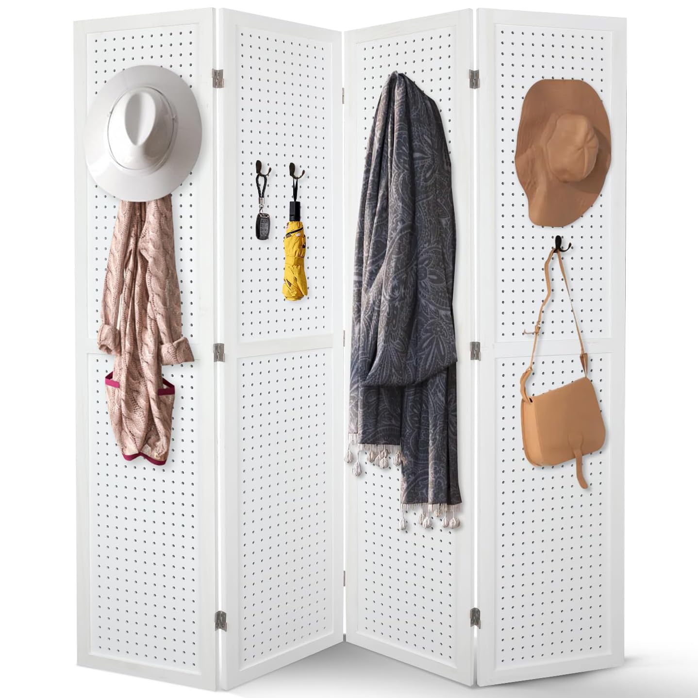 Babion 4 Panel Pegboard Display, Peg Board Room Divider Freestanding Folding Privacy Screens Pegboard Display Stand for Craft Shows (White)