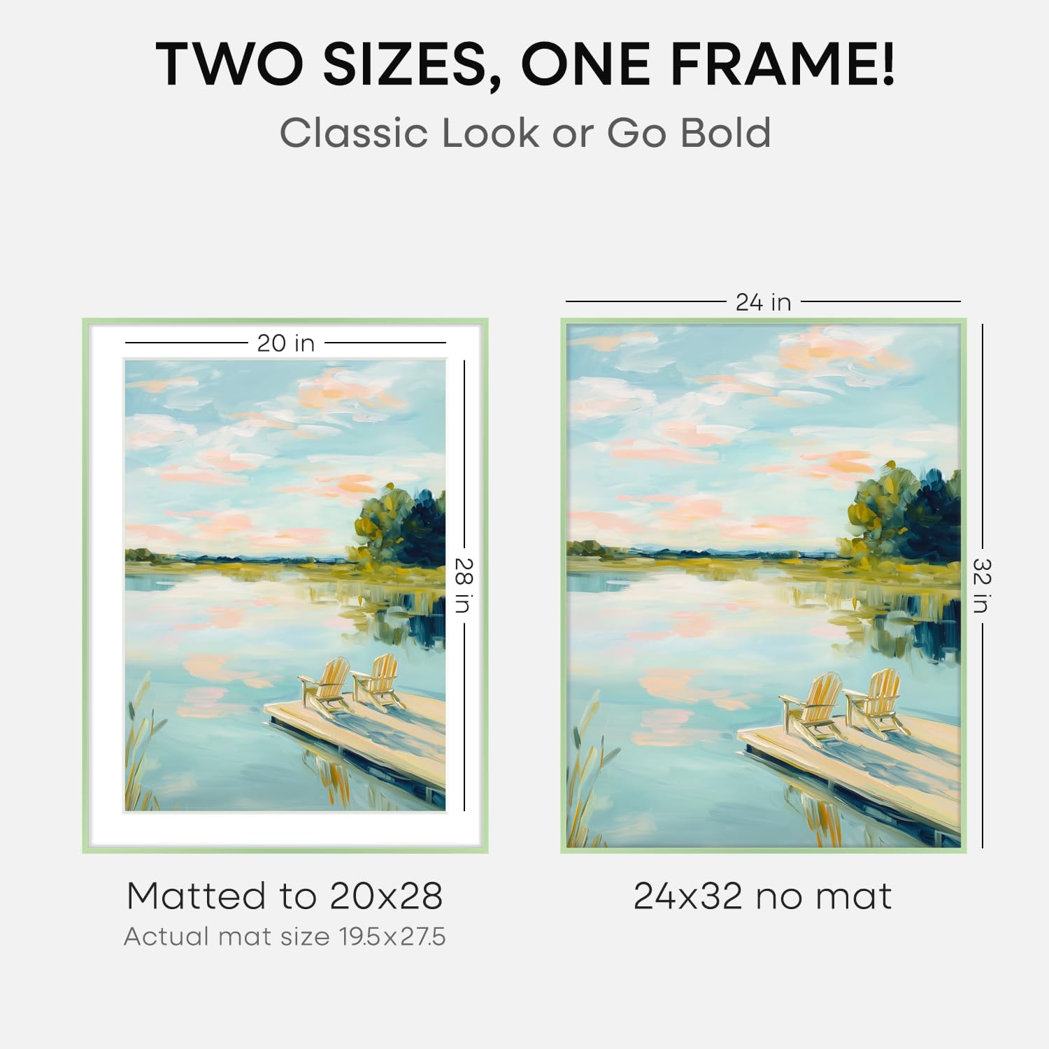 Homeforia 24x32 Sage Green Picture Frame, High End Metal 24x32 Poster Frames with Mat 20x28 inch Photo, 24 x 32 Thin Frame Matted to 20 x 28 Art, 32x24 Large Frames, Tempered Glass, Wall Kit, Set of 2