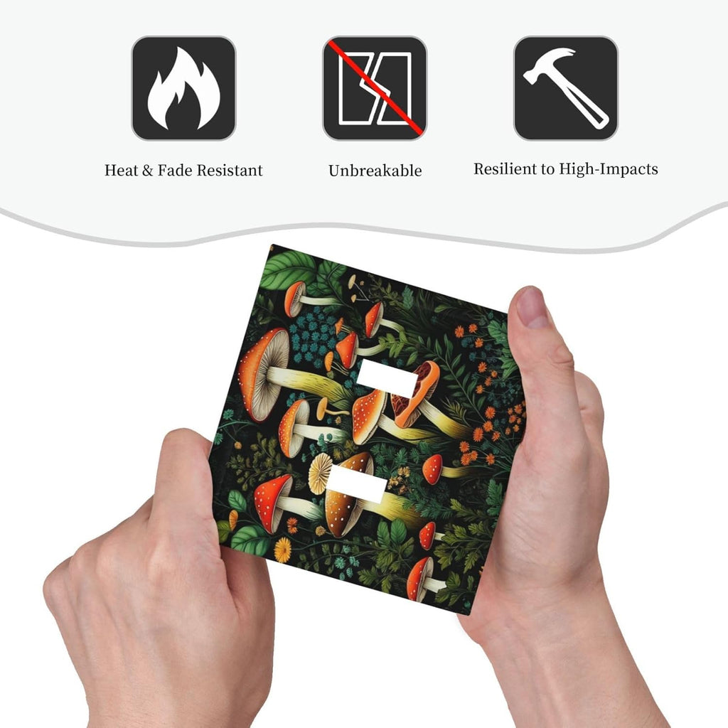 Decorative Light Switch Plate Covers Boho Red Mushroom Green Leaf Plants Floral 2 Gang Wall Plate Double Toggle Switch Cover Plate Electric Dual Device Electrical Faceplate