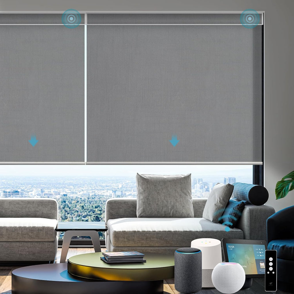 SmartWings Motorized Smart Roller Shades in Light Filtering, Electric Blinds with Remote for Windows Compatible with Alexa/Google Home/Homekit, Customized, 60% Blackout Twilight Veil