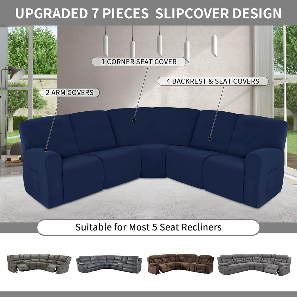 Easy-Going 100% Waterproof Recliner Cover, Stretch Couch Covers for Reclining Couches, Extra Large Sectional Sofa Slipcover, L-Shape Furniture Protector for Kids & Pets, 5 Seater, Navy