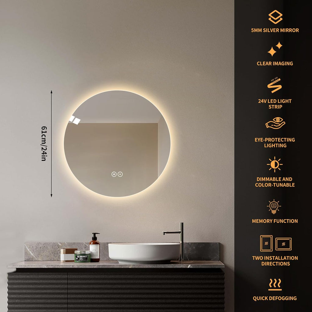 Round LED Bathroom Mirror with Light, Backlit Mirror for Bathroom, Frameless LED Smart Vanity Mirror with 3 Color Lights, Anti-Fog, Smart Touch Button, Shatter-Proof, IP65, 90+ CRI (24" L x 24" W)