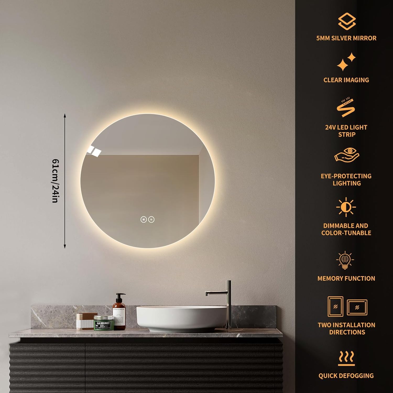 Round LED Bathroom Mirror with Light, Backlit Mirror for Bathroom, Frameless LED Smart Vanity Mirror with 3 Color Lights, Anti-Fog, Smart Touch Button, Shatter-Proof, IP65, 90+ CRI (24" L x 24" W)