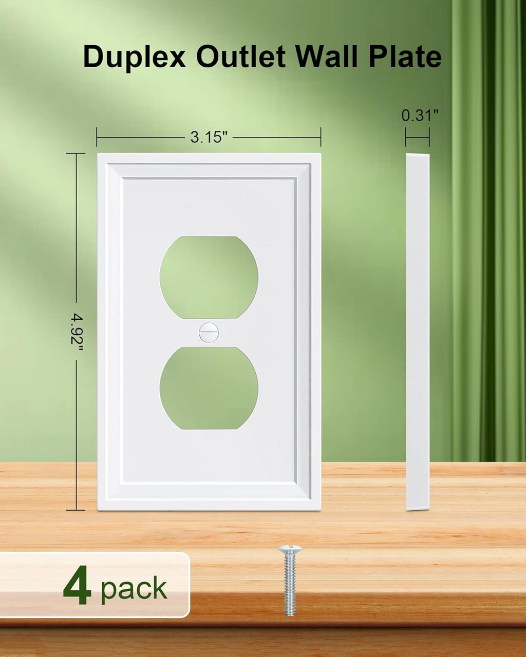 4-Pack Duplex Outlet Cover, Natural Bamboo Fiber Switch Plates and Outlet Covers, White Decorative Wall Plates for Electrical Outlets, 1 Gang Receptacle Cover, Corrosion Resistant