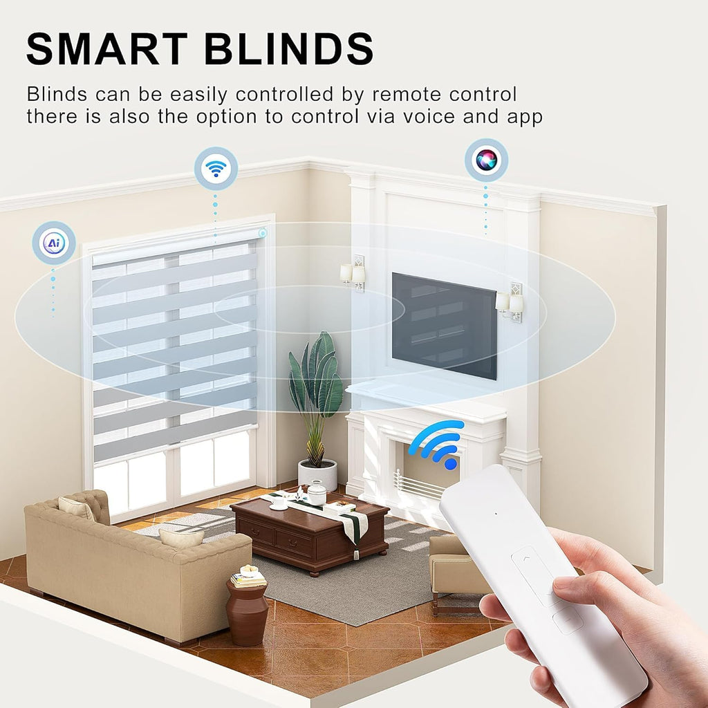 LazBlinds Motorized Zebra Roller Shades, Rechargeable Smart Blinds with Remote Control, Custom Size Light Filtering Dual Layer Roller Sheer Shades, Off-White Linen