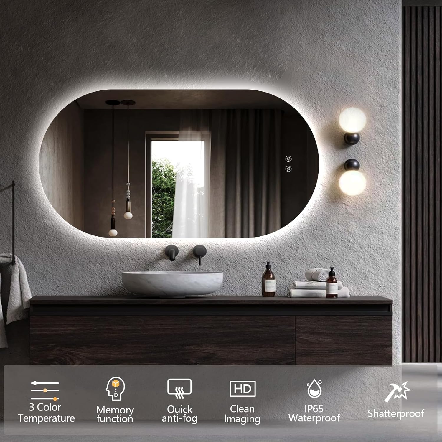 51" x 27" Oval LED Mirror for Bathroom, Backlit Vanity Mirror with Lights, Frameless Smart Wall Mirror, 3 Colors Stepless Dimmable, Anti-Fog, Shatterproof, Memory, CRI95+(Horizontal/Vertical)